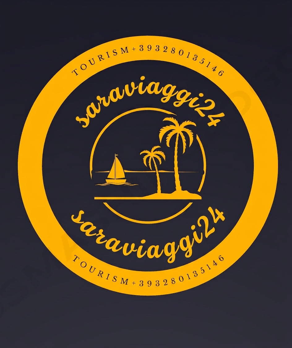 Yellow circular tourism logo with palm trees, sailboat, and contact number